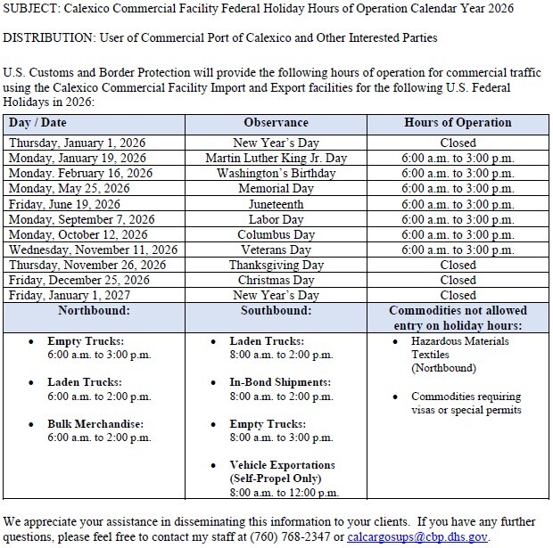 CY 20206 Calexico Commercial Port Holiday Schedule