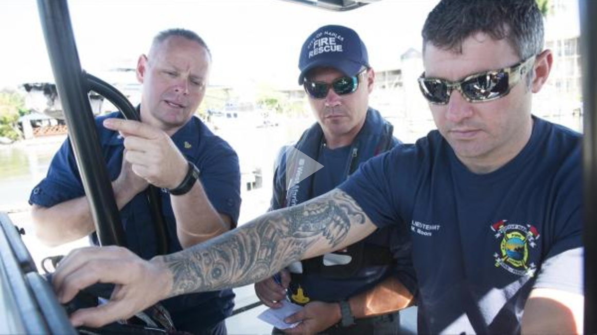 Coast Guard members from Station Fort Myers Beach, Florida, train local maritime emergency responders during a National Association of Boating Law Adm
