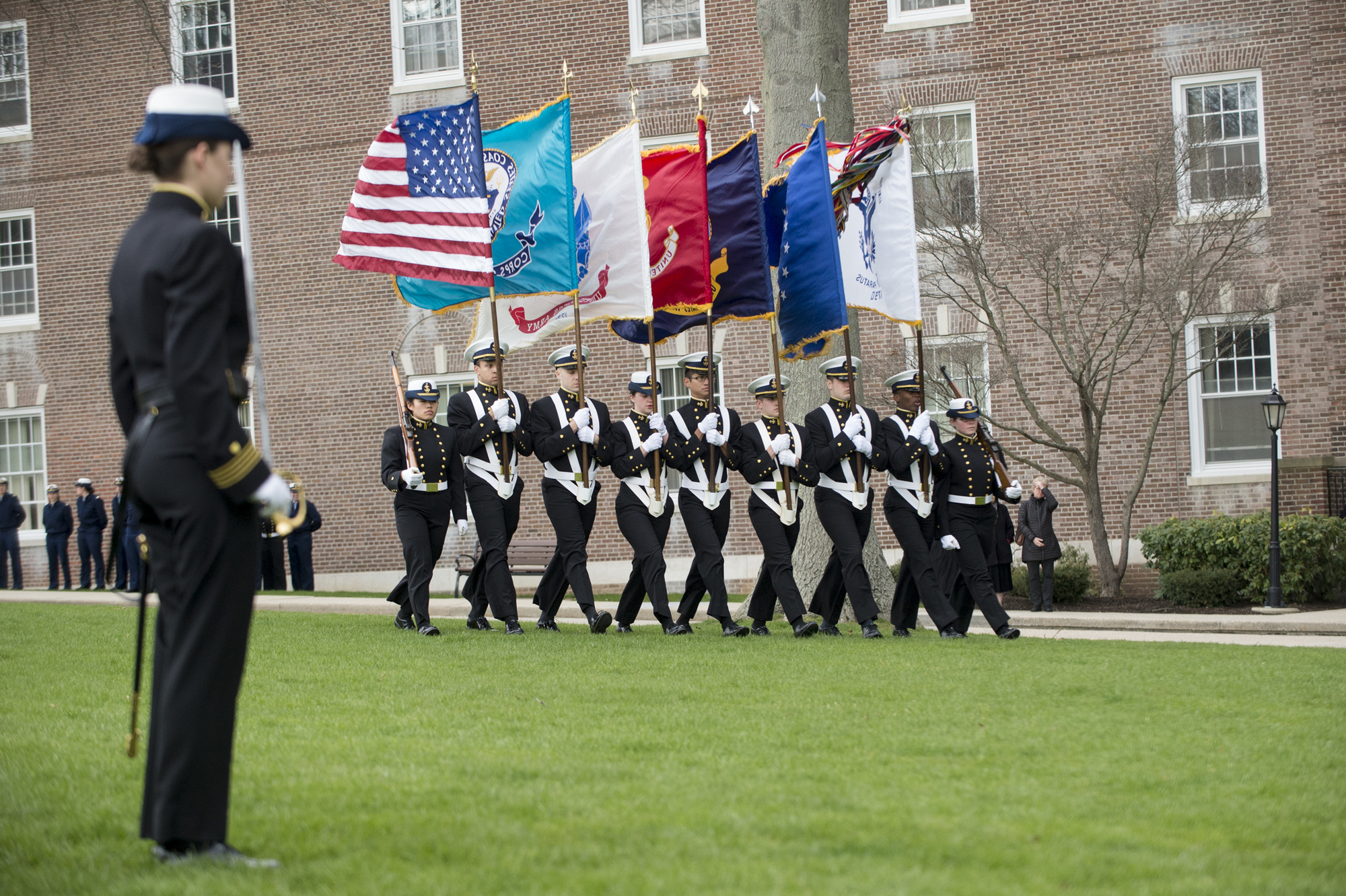 U.S. Coast Guard Academy cadets conduct a regimental review April 8, 2016.