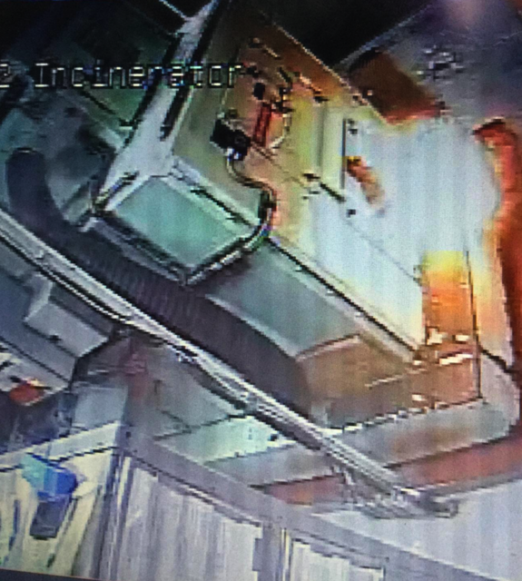 U.S. Coast Guard Cutter Polar Star experienced an incinerator fire onboard the cutter on the evening of Feb. 10, 2019, in the Southern Ocean. The cutter set General Emergency and spent two hours battling the fire before it was extinguished. U.S. Coast Guard photo from ship board CCTV.