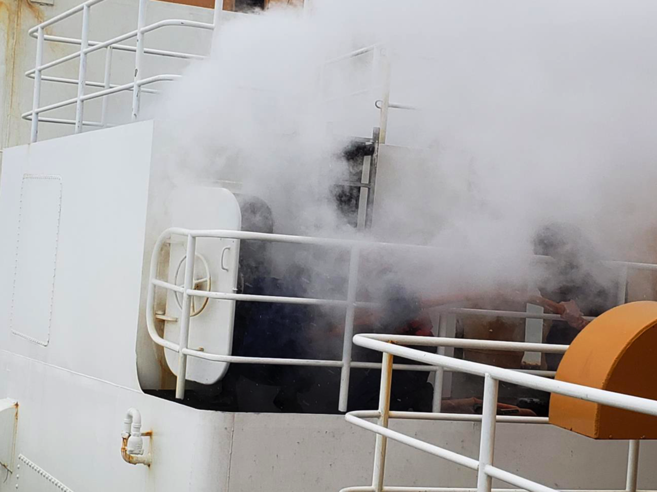 U.S. Coast Guard Cutter Polar Star fire team responds to an incinerator room fire onboard Feb. 10, 2019, in the Southern Ocean. Two attack teams from both repair lockers combated the fire with portable CO2 and PKP fire extinguishers and firefighting water for two hours before it was extinguished.