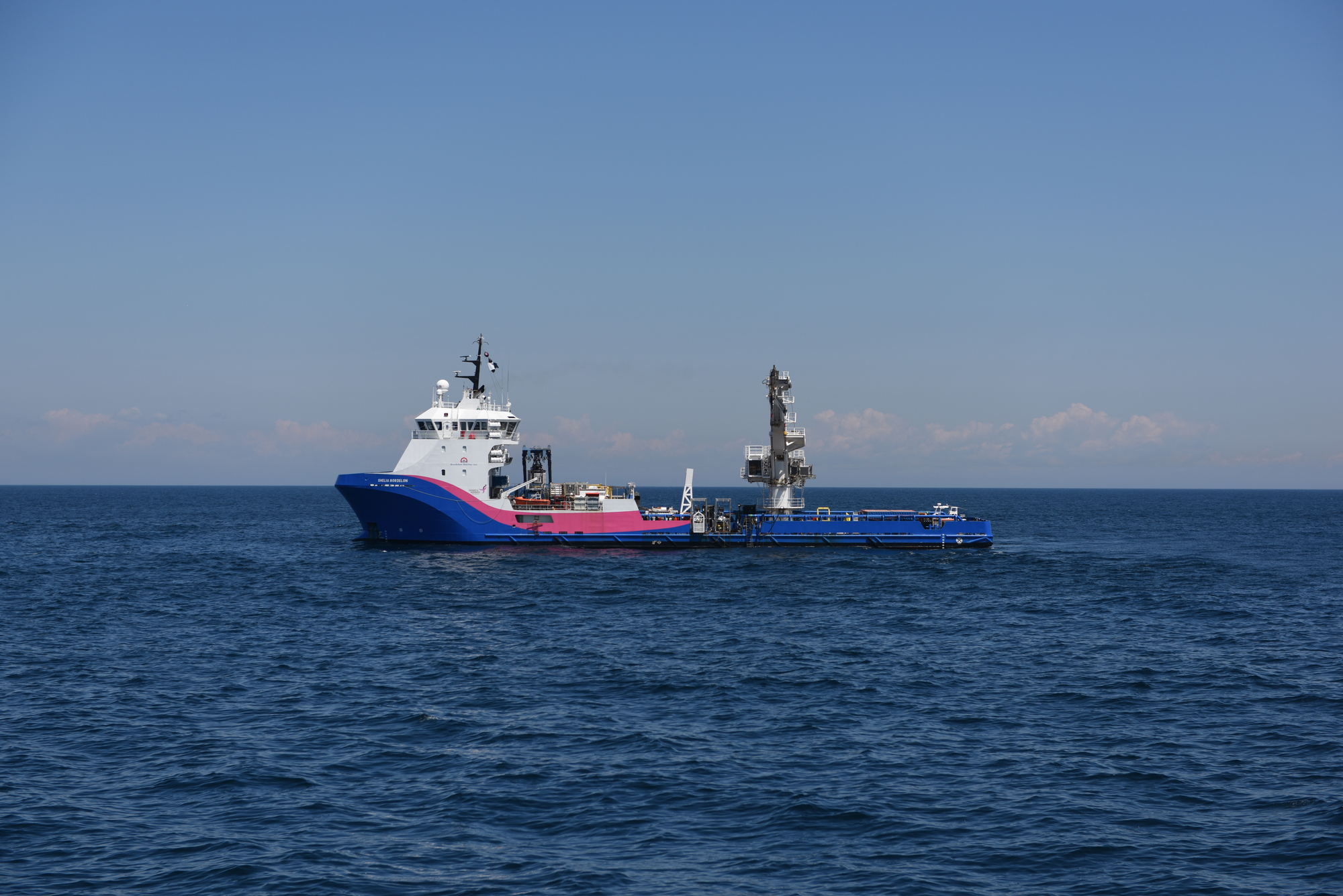 ATLANTIC OCEAN – The Shelia Bordelon sits in the Atlantic Ocean above the wreck of the tanker Coimbra, May 16, 2019. The U.S. Coast Guard has contracted Resolve Marine Group to conduct a full assessment of oil remaining on the Coimbra wreck, located approximately 30 miles southeast of Shinnecock, N.Y. If substantial oil still remains, and if feasible, the Coast Guard will work with Resolve Marine Group to remove oil from the wreck in order to reduce pollution risks to the environment. The Coimbra, a British-flagged supply ship, sunk off the coast of Long Island in January 1942 when a German U-boat torpedoed it. (U.S. Coast Guard photo by Chief Warrant Officer Allyson E.T. Conroy)