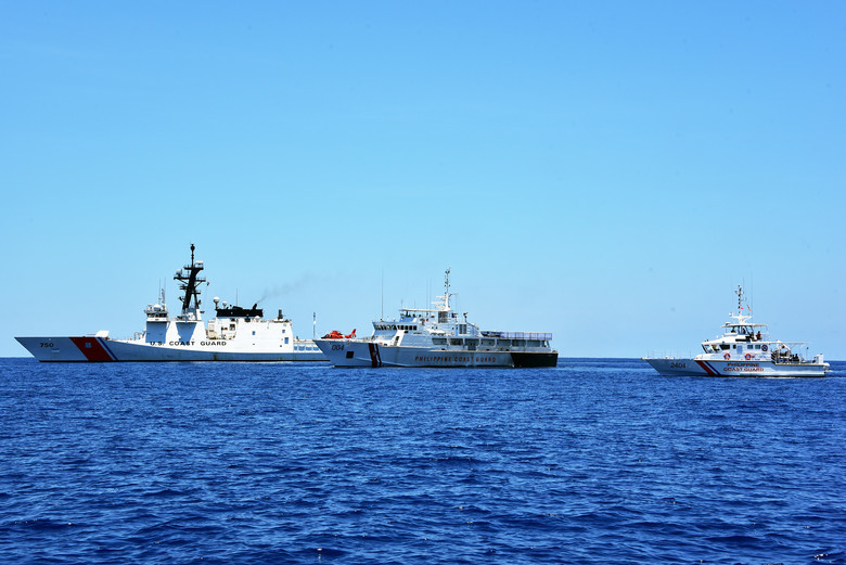 The U.S. Coast Guard Cutter Bertholf (WMSL 750) and the Philippine Coast Guard vessels conduct joint exercise