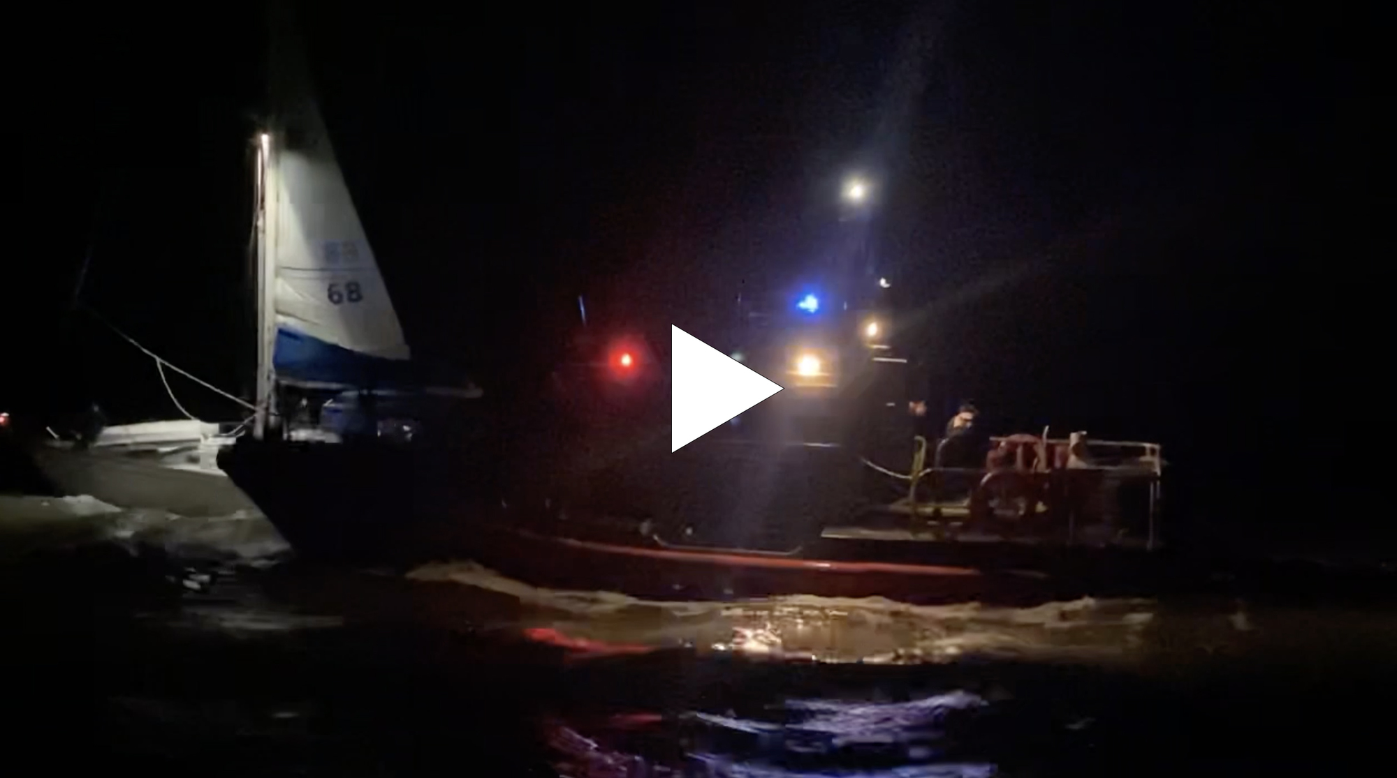 A 45-foot Response Boat–Medium crew from Coast Guard Station Galveston approaches a disabled, adrift sailboat approximately 5 miles offshore Galveston, Texas, Nov. 15, 2022. Due to 20 mph winds, the vessel's proximity to the jetties and the potential for distress, the Coast Guard crew towed the sailboat and its three passengers to the Galveston Yacht Basin. (U.S. Coast Guard video by Fireman Brandon Caliwag)