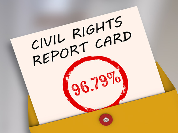 Manila Folder and Paper sticking out with text "Civil Rights Report Card" Above the number 96.79 in a red circle.
