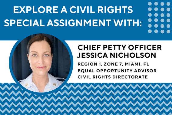 CPO Nicholson's photo with text "Explore a Civil Rights Assignment With: CPO Jessica Nicholson