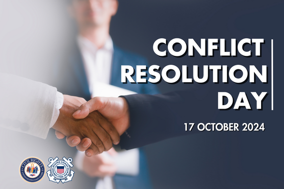 Graphic with the text "Conflict Resolution Day October 17 2024" in the foreground and an image of two shaking hands in the background.