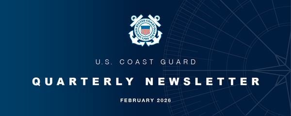 U.S. Coast Guard Quarterly Newsletter in white letters over ombre navy blue background with compass icon