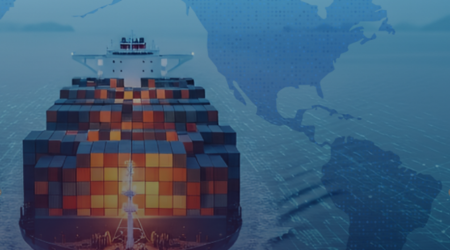 Ship with shipping cargo overlaid on a map graphic