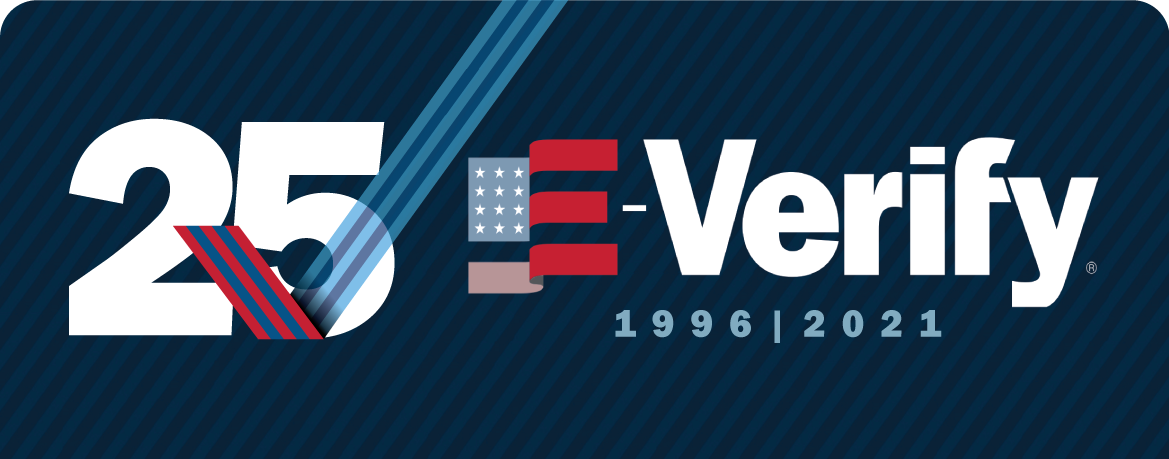 E-Verify 25th Anniversary Logo, with text: 1996-2021