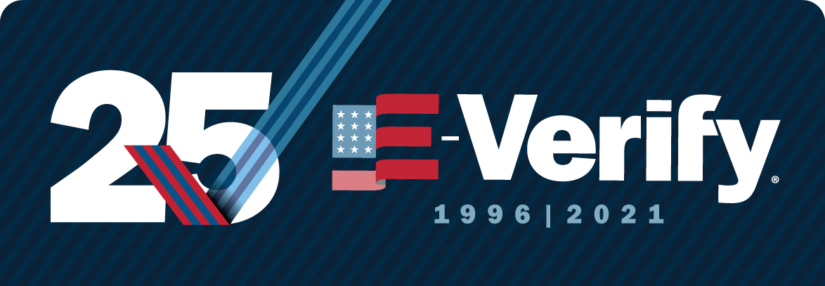 E-Verify® Registered Trademark Logo - 25 Years of E-Verify®: 1996-2021