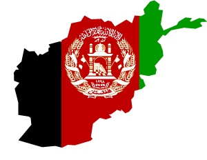 The flag of Afghanistan cropped to the country's geographic land shape.