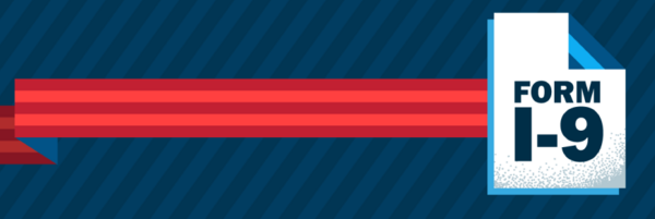 Dark blue banner with red stripes pointing to an illustrated document with bold text, "FORM I-9".