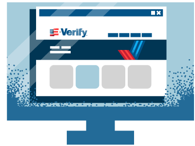 Illustrated computer monitor with a mockup of the redesigned E-Verify homepage, including the E-Verify trademark logo.