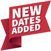 Red ribbon, with text: "NEW DATES ADDED".