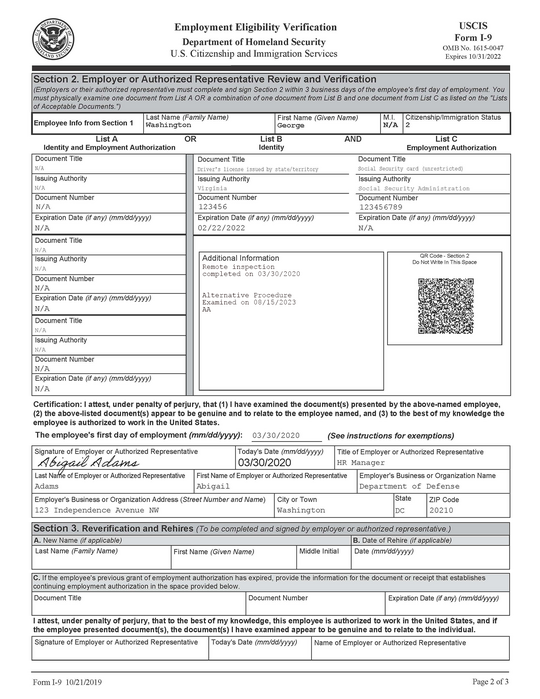 Screen capture of Form I-9 completed with remote examination procedure annotation.