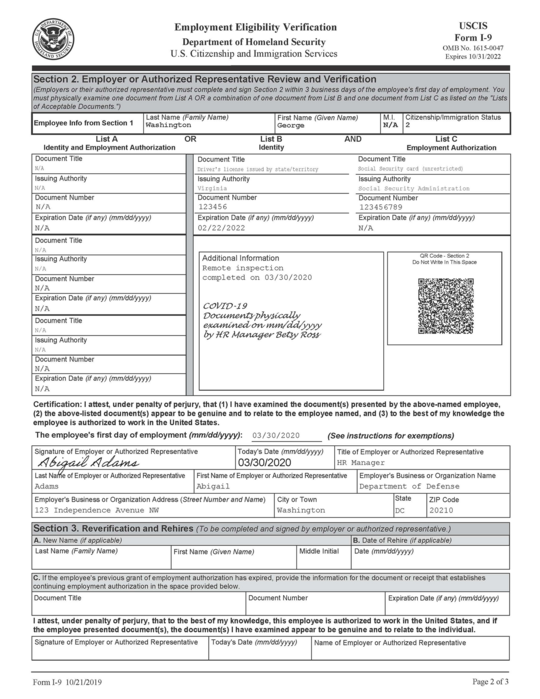 Screen capture of Form I-9 created with COVID-19 remote inspection annotation.