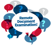 Speech bubbles with the words "Remote Document Examination!" in the middle.
