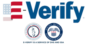 E-Verify ® Logo with official seals of DHS and SSA.