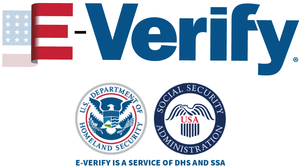 E-Verify ® Logo with official seals of DHS and SSA.