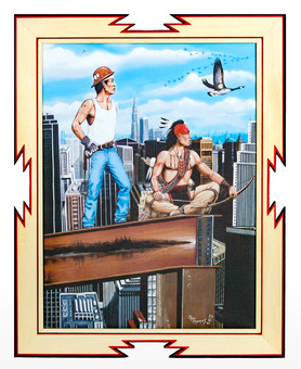 Painting of a construction worker and a Native American on top of a building with a background of New York City.