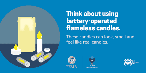Picture of candles with the message Think about using battery-operated flamess candles. These candles can look, smell, and feel like real candles.