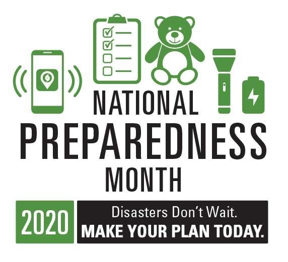 National Preparedness Month logo. 2020  Disasters Don't Wait. Make Your Plan Today. 