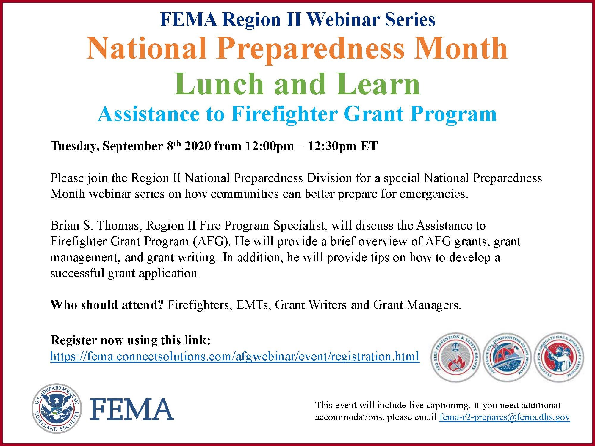 TODAY FEMA Region II Webinar Assistance to Firefighter Grant Program