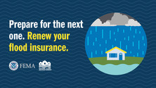 Rain is falling on a home. Text says, "Prepare for the next one." Renew flood insurance. NFIP logo. 