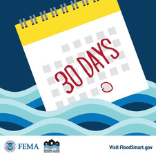 Calendar with day 30 circled. NFIP logo. Typical 30-day waiting period after purchasing a policy before it goes into effect.