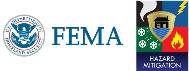 FEMA logo with Hazard Mitigation graphic that shows snow, wind, lightening, fire and water coming up around a home
