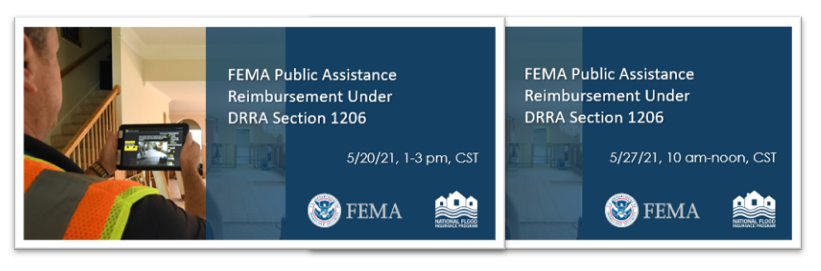 Inspector  viewing inside of home. Training announcements for May 20 and May 27 for DRRA Section 1206 trainings. FEMA and NFIP logos.