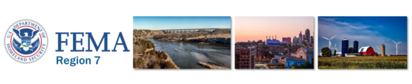 FEMA logo with three images of a river with a bridge, urban city skyline, and a farm with a red barn and windmills