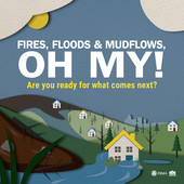 FEMA NFIP logo text Fires, Floods & Mudflows, Oh My! Are you ready for what comes next? Image shows fire, mud and water around homes