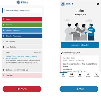 New and Old screenshots of the FEMA app