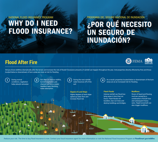 Free graphics and publications about the risk of flooding after fires and flood insurance