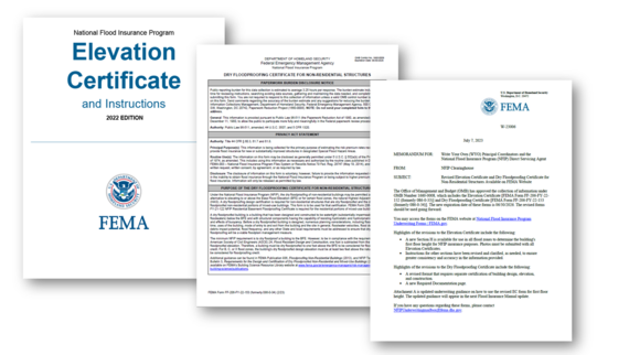 FEMA updated Elevation Certificate form and dry floodproofing form as well as bulletin to Write Your Own companies