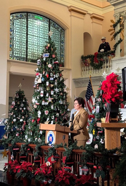 U.S. Fire Administration Dr. Lori Moore Merrell delievered remarks at the Fire Hero Family Tree Lighting to honor fallen firefighters.
