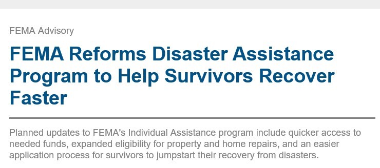 FEMA Advisory: FEMA Reforms Disaster Assistance Program to Help ...