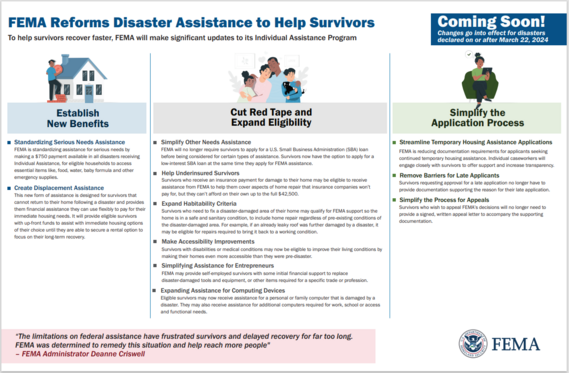 Summary of changes to FEMA's IA program including establishing standardizing serious needs and displacement assistance