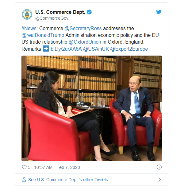  U.S. Secretary of Commerce Wilbur Ross discussed the United States and United Kingdom trade relationship at Oxford Union