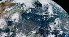 GeoColor image of Hurricane Ida, Tropical Storm Julian, and Tropical Depression Ten from NOAA's GOES-16 satellite on August 29, 2021. (NOAA)