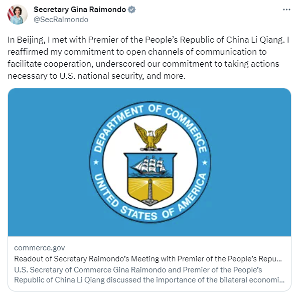 Secretary Raimondo meeting with Li Qiang tweet