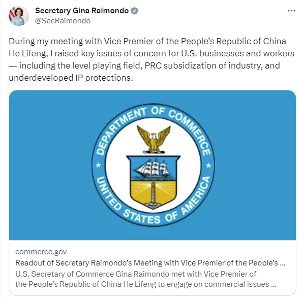 Secretary Raimondo's tweet about meeting with PRC Vice Premier