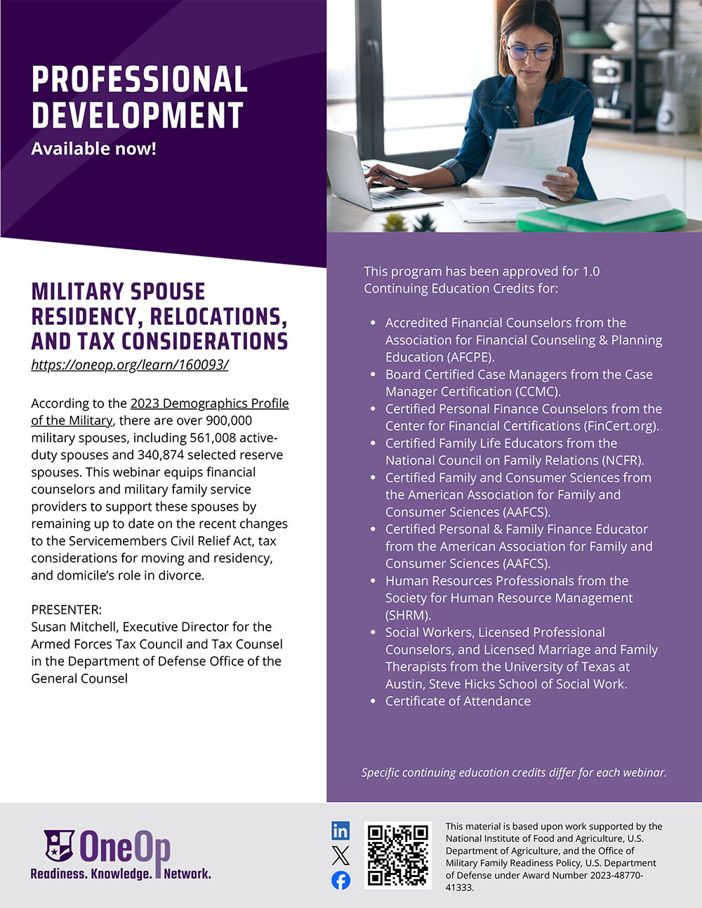 OneOp flyer for webinar, Military Spouse Residency, Relocations, and Tax Considerations. Details can be found at  https://oneop.org/learn/160093/