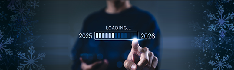 Person pushing end of loading 2025-2026 graphic with snowflake texture. 