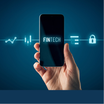 Mobile phone with word FinTech on screen.eNews Image Alt Text: Woman wearing headset and working on laptop