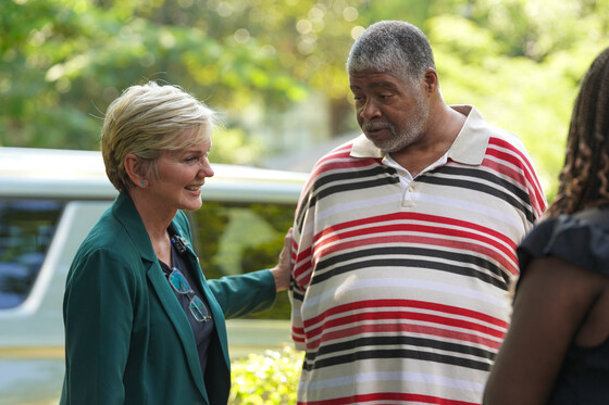 Secretary Granholm and a homeowner, Bennie, discuss his home weatherization in Athens, Georgia, on June 27, 2023.