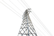 A transmission tower and power lines against a solid white background, angled looking up from the base.