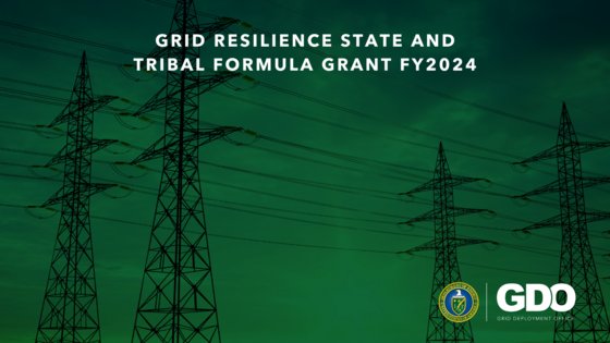 Grid Resilience State and Tribal Formula Grant FY2024. Transmission towers against cloudy background.